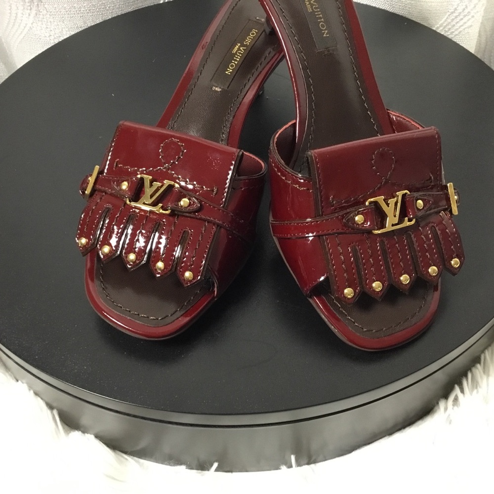 Louis Vuitton Burgundy Patent Leather Slide Mules with Gold Hardware - Picture 3 of 13